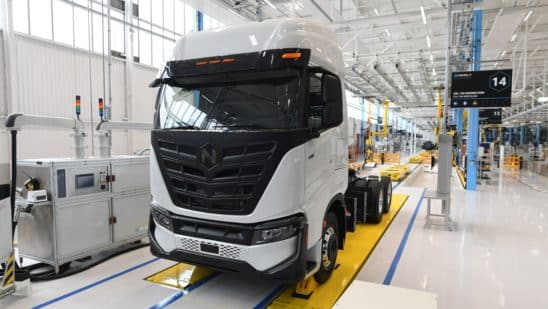 A Nikola Tre battery-electric heavy duty truck at the Nikola Corp.-Iveco SpA joint venture electric truck plant in Ulm, Germany, on Wednesday, Sept. 15, 2021. Nikola Iveco Europe GmbH hosted an event where its partner Iveco -- the commercial-vehicle unit of CNH Industrial NV -- is preparing to start series production of Nikola Tre heavy-duty trucks by year-end.