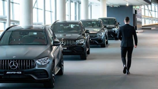 Automobiles on display inside a Mercedes-Benz AG showroom in Berlin, Germany, on Tuesday, Feb. 24, 2022. Mercedes-Benz expects profitability at its main cars division to slip this year as the German manufacturer sees more drag from supply-chain snarls and a surge in raw-material costs.