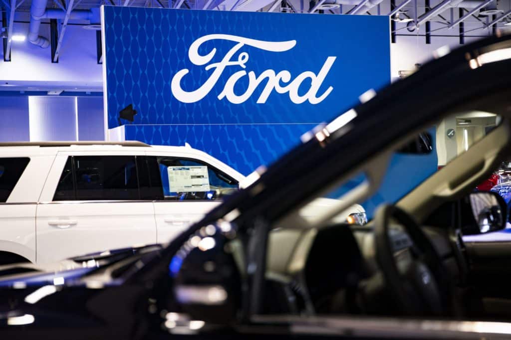 Ford Motor Co. signage at the Washington Auto Show in Washington, D.C., U.S., on Friday, Jan. 21, 2022. The auto show, designated as one of the nation's top five auto shows by the International Organization of Motor Vehicle Manufacturers, runs from January 21-30. Photographer: Al Drago/Bloomberg
