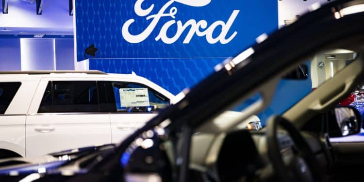 Ford Motor Co. signage at the Washington Auto Show in Washington, D.C., U.S., on Friday, Jan. 21, 2022. The auto show, designated as one of the nation's top five auto shows by the International Organization of Motor Vehicle Manufacturers, runs from January 21-30. Photographer: Al Drago/Bloomberg
