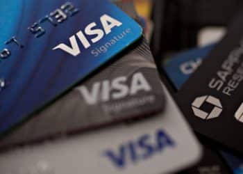 Visa Inc. credit cards are arranged for a photograph in Washington, D.C., U.S., on Monday, April 22, 2019. Visa Inc. is scheduled to release earnings figures on April 24.