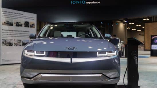 A Hyundai Ioniq 5 electric sports utility vehicle (SUV) during the 2022 New York International Auto Show (NYIAS) in New York, U.S., on Thursday, April 14, 2022. The NYIAS returns after being cancelled for two years due to the Covid-19 pandemic.