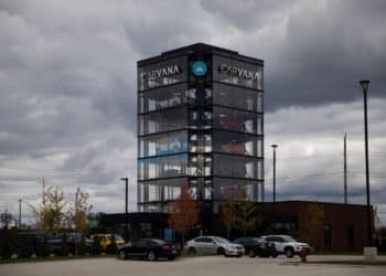 A Carvana Vending Machine location in Novi, Michigan, U.S., on Wednesday, Nov. 3, 2021. Hertz Global Holdings Inc., fresh off a blockbuster order for 100,000 Teslas, reached an exclusive agreement to supply Uber drivers with electric vehicles and signed up Carvana Co. to dispose of rental cars it no longer wants.