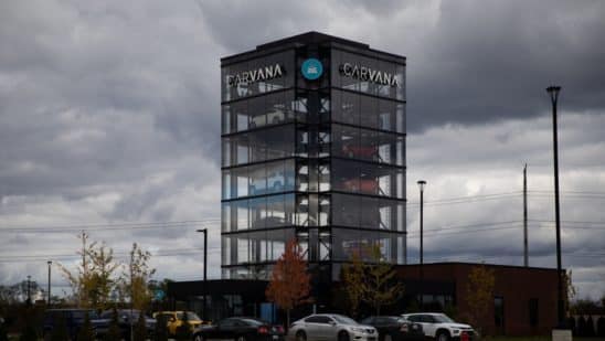 A Carvana Vending Machine location in Novi, Michigan, U.S., on Wednesday, Nov. 3, 2021. Hertz Global Holdings Inc., fresh off a blockbuster order for 100,000 Teslas, reached an exclusive agreement to supply Uber drivers with electric vehicles and signed up Carvana Co. to dispose of rental cars it no longer wants.