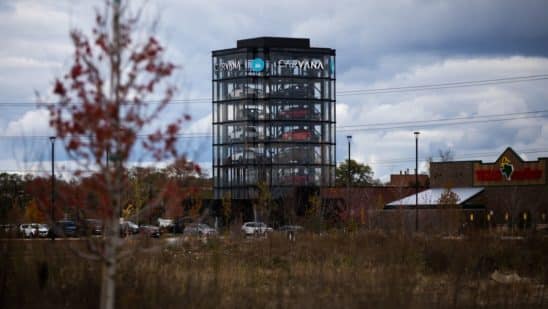 A Carvana Vending Machine location in Novi, Michigan, U.S., on Wednesday, Nov. 3, 2021. Hertz Global Holdings Inc., fresh off a blockbuster order for 100,000 Teslas, reached an exclusive agreement to supply Uber drivers with electric vehicles and signed up Carvana Co. to dispose of rental cars it no longer wants. Photographer: Emily Elconin/Bloomberg