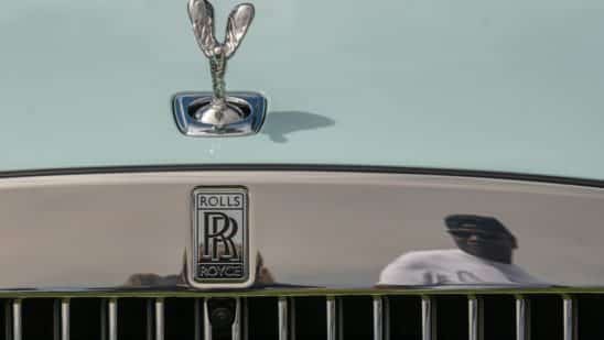 The Rolls Royce hood ornament during The Quail, A Motorsports Gathering in Carmel, California, US, on Friday, Aug. 19, 2022. The event provides an exclusive experience for motorsports enthusiasts and collectors from around the world to enjoy rare collections of fine automobiles and motorcycles.