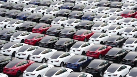Tesla Inc. vehicles in a parking lot after arriving at a port in Yokohama, Japan, on Thursday, Oct. 28, 2022. Tesla, which was briefly a part of the trillion-dollar valuation group, currently has a market capitalization of about $650 billion.