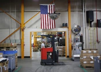 A worker operates a forklift at a manufacturing facility in Virginia Beach, Virginia. Photographer: Luke Sharrett/Bloomberg