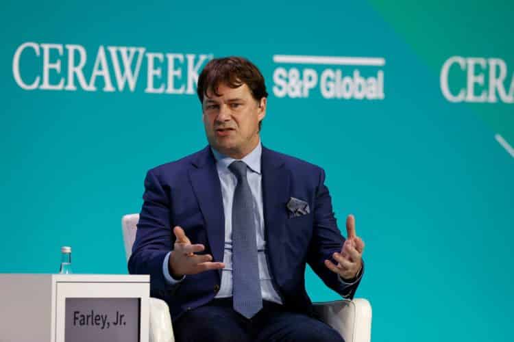 James Farley, president and chief executive officer of Ford Motor Co., speaks during the 2022 CERAWeek by S&P Global conference in Houston, Texas, U.S., on Thursday, March 10, 2022. CERAWeek returned in-person to Houston celebrating its 40th anniversary with the theme "Pace of Change: Energy, Climate, and Innovation."
