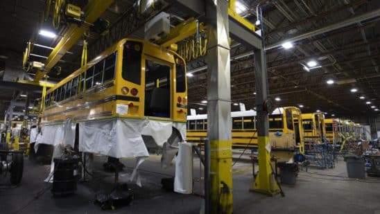 The Lion C electric school bus is assembled at the Lion Electric assembly plant in Saint-Jerome, Quebec, Canada, on Thursday, Oct. 13, 2022. Lion Electric Co. designs, develops, manufactures, and distributes purpose-built all-electric medium and heavy-duty urban vehicles, including seven mid range truck and bus models. Photographer: Christinne Muschi/Bloomberg