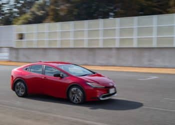 A Toyota Motor Corp. Prius plug-in hybrid electric vehicle (PHEV) prototype during a test drive at Sodegaura Forest Raceway in Sodegaura, Chiba Prefecture, Japan, on Wednesday, Feb. 1, 2023. The fifth generation of Prius, with bigger wheels and a sportier design, offers three different hybrid powertrain options. Photographer: Nicholas Takahashi/Bloomberg