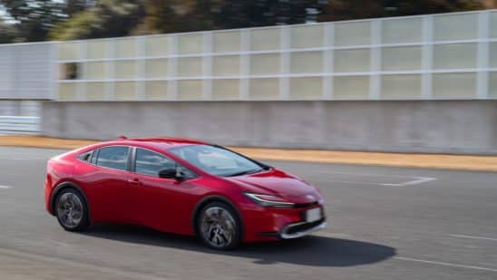 A Toyota Motor Corp. Prius plug-in hybrid electric vehicle (PHEV) prototype during a test drive at Sodegaura Forest Raceway in Sodegaura, Chiba Prefecture, Japan, on Wednesday, Feb. 1, 2023. The fifth generation of Prius, with bigger wheels and a sportier design, offers three different hybrid powertrain options. Photographer: Nicholas Takahashi/Bloomberg