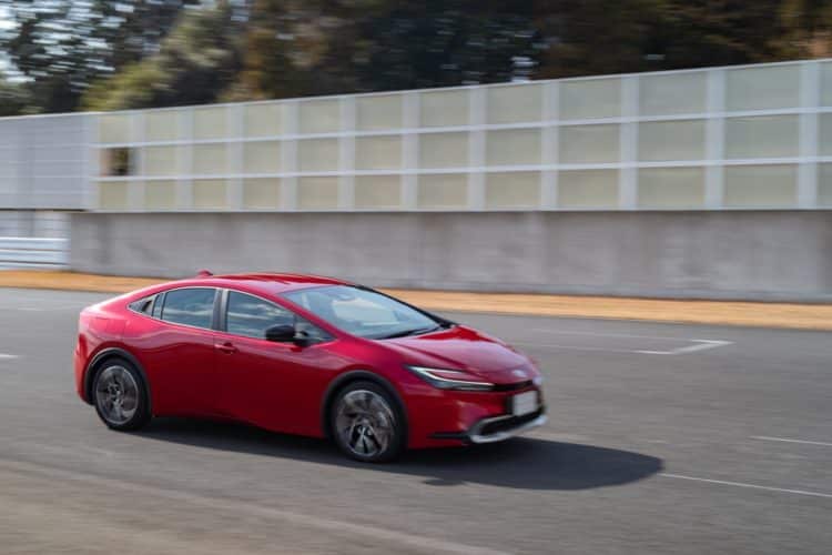 A Toyota Motor Corp. Prius plug-in hybrid electric vehicle (PHEV) prototype during a test drive at Sodegaura Forest Raceway in Sodegaura, Chiba Prefecture, Japan, on Wednesday, Feb. 1, 2023. The fifth generation of Prius, with bigger wheels and a sportier design, offers three different hybrid powertrain options. Photographer: Nicholas Takahashi/Bloomberg