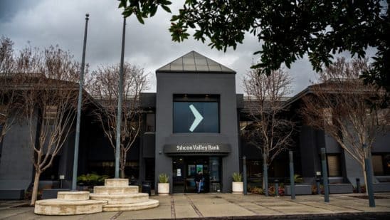 Silicon Valley Bank headquarters in Santa Clara, California, US, on Thursday, March 9, 2023. SVB Financial Group bonds are plunging alongside its shares after the company moved to shore up capital after losses on its securities portfolio and a slowdown in funding.