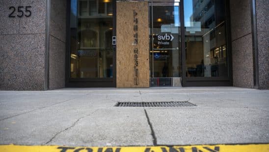 A Silicon Valley Bank branch in San Francisco, California, US, on Monday, March 13, 2023. The collapse of Silicon Valley Bank has prompted a global reckoning at venture capital and private equity firms, which found themselves suddenly exposed all together to the tech industry's money machine. Photographer: David Paul Morris/Bloomberg