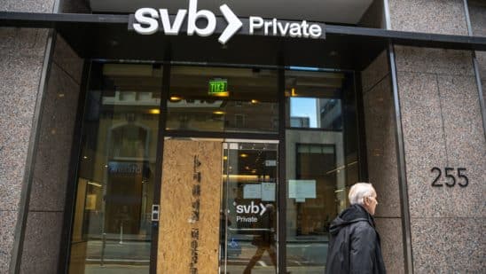 A Silicon Valley Bank branch in San Francisco, California, US, on Monday, March 13, 2023. The collapse of Silicon Valley Bank has prompted a global reckoning at venture capital and private equity firms, which found themselves suddenly exposed all together to the tech industry's money machine.