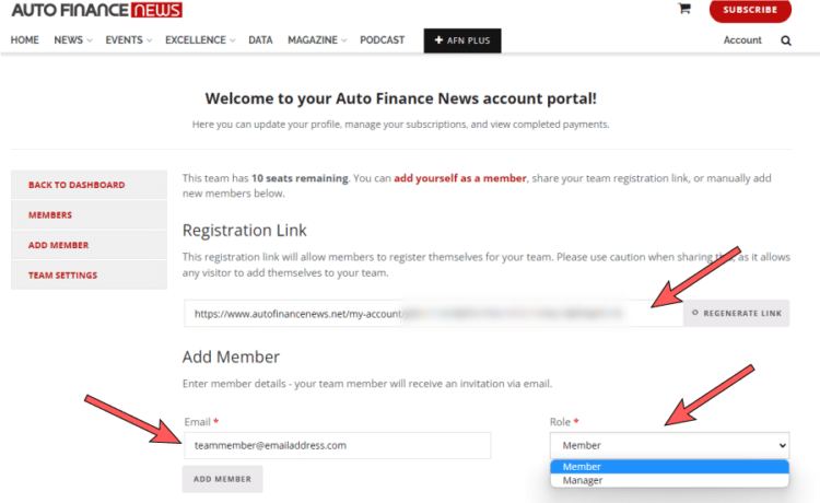 Account Add Member page Instructions - Screenshot