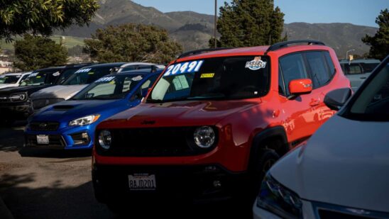Used vehicles for sale at a dealership in Colma, California, US, on Tuesday, Feb. 21, 2023. A surprise jump in used-vehicle prices last month is adding to US car buyers' frustration and has the potential to dent hopes inflation is headed lower even as the Federal Reserve hikes interest rates. Photographer: David Paul Morris/Bloomberg