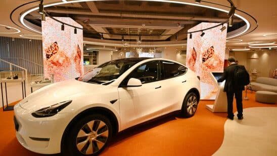 A Tesla vehicle on display