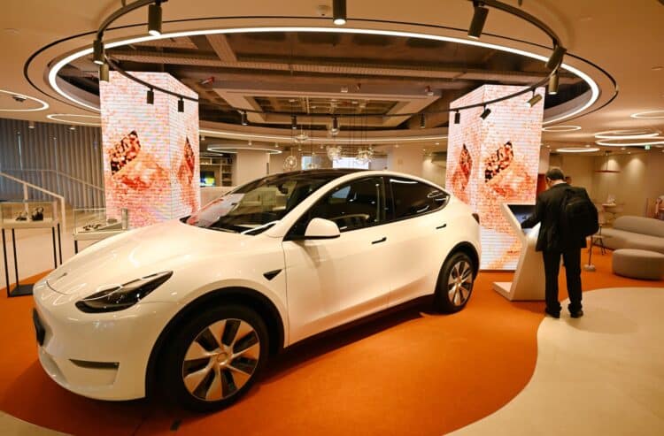 A Tesla vehicle on display