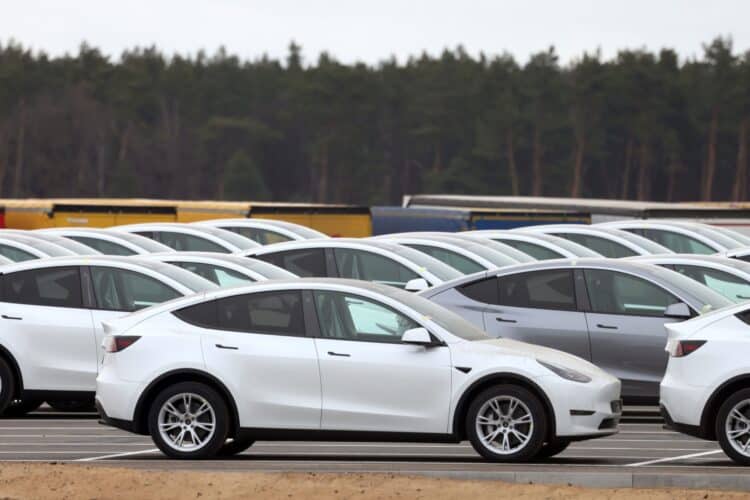 Tesla Model Y electric vehicles in a lot at the Tesla Inc. Gigafactory in Gruenheide, Germany, on Saturday, Jan. 21, 2023. Tesla CEO Elon Musk played down how much impact his tweets have on the company's stock price as he defended himself at a trial in San Francisco federal court on Friday over his 2018 tweet about taking the electric car-maker private.