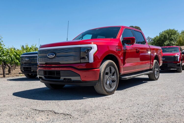 A Ford Lightning F-150 pickup truck during a media event at Dutton Ranch in Sebastopol, California, US, on Friday, May 20, 2022. With the release of the F-150 Lightning, Ford hopes to electrify new and traditional truck buyers alike, and eventually to replace its industry-defining gas-powered line.