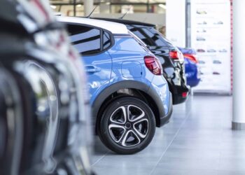 Cars in a dealership showroom