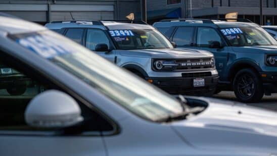 Used vehicles for sale at a dealership in Colma, California, US, on Tuesday, Feb. 21, 2023. A surprise jump in used-vehicle prices last month is adding to US car buyers' frustration and has the potential to dent hopes inflation is headed lower even as the Federal Reserve hikes interest rates.