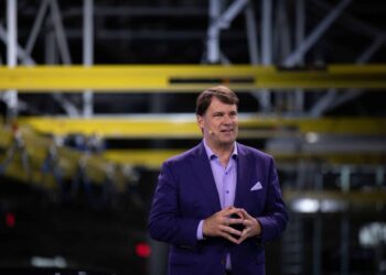 James Farley, president and chief executive officer of Ford Motor Co., speaks during a launch event for the 2022 Ford F-150 Lightning all-electric truck at the Rouge Electric Vehicle Center in Dearborn, Michigan, U.S., on Tuesday, April 26, 2022. Ford has 200,000 reservations for the F-150 Lightning and is expanding the Rouge Electric Vehicle Center to ramp up production to a planned annual run rate of 150,000 in 2023.