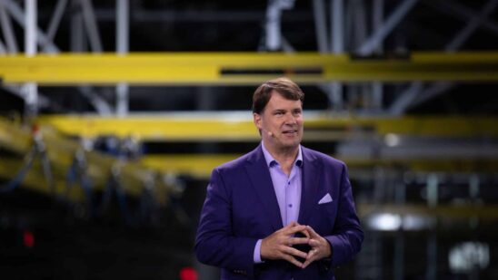 James Farley, president and chief executive officer of Ford Motor Co., speaks during a launch event for the 2022 Ford F-150 Lightning all-electric truck at the Rouge Electric Vehicle Center in Dearborn, Michigan, U.S., on Tuesday, April 26, 2022. Ford has 200,000 reservations for the F-150 Lightning and is expanding the Rouge Electric Vehicle Center to ramp up production to a planned annual run rate of 150,000 in 2023.