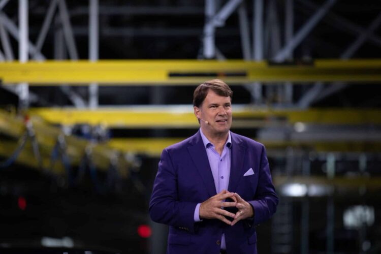 James Farley, president and chief executive officer of Ford Motor Co., speaks during a launch event for the 2022 Ford F-150 Lightning all-electric truck at the Rouge Electric Vehicle Center in Dearborn, Michigan, U.S., on Tuesday, April 26, 2022. Ford has 200,000 reservations for the F-150 Lightning and is expanding the Rouge Electric Vehicle Center to ramp up production to a planned annual run rate of 150,000 in 2023.