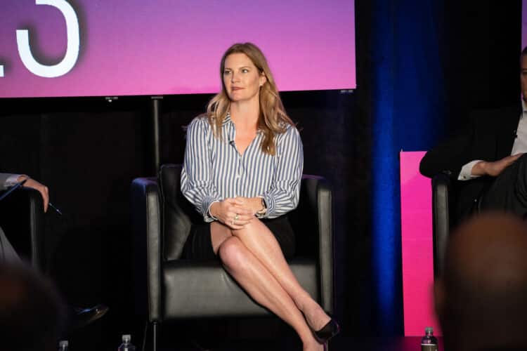 Heidi Burns, Vice President of Marketing and Originations Development at Flagship Credit Acceptance, speaking during a panel discussion at Auto Finance Summit East. Photographer: The Point Media Co./Auto Finance News