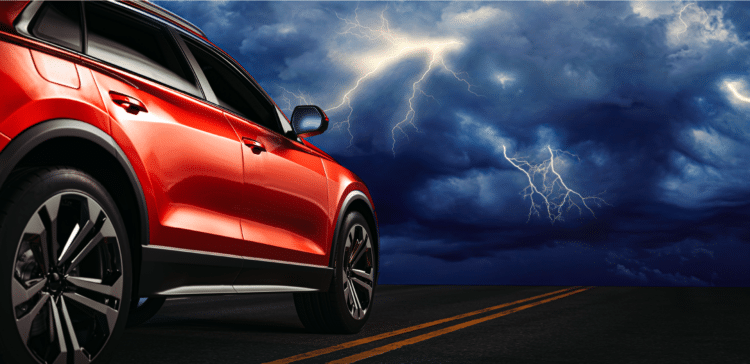 red, car, storm
