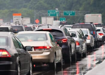 Traffic jam of cars on a highway