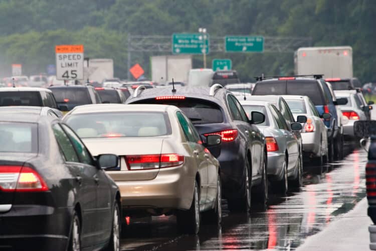 Traffic jam of cars on a highway