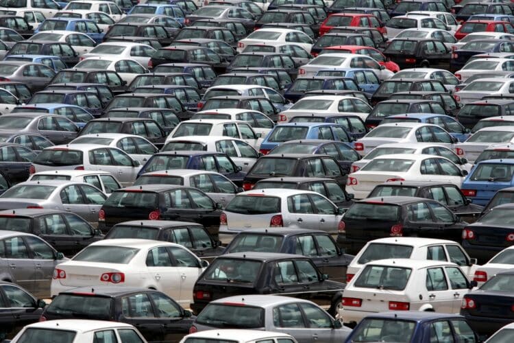 Cars parked closely together in a lot