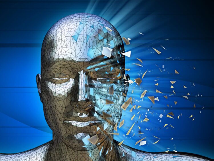 A digital identity disintegrating into pieces. digital illustration.