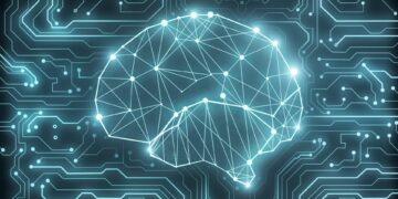 Glowing polygonal brain background. artificial intelligence and computing concept