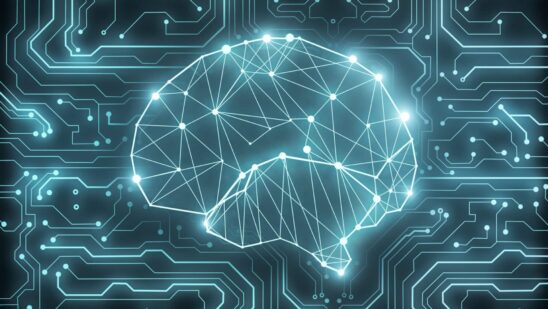 Glowing polygonal brain background. artificial intelligence and computing concept