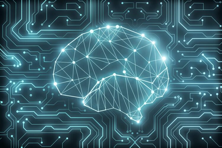 Glowing polygonal brain background. artificial intelligence and computing concept