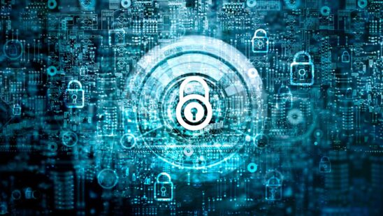 closed padlock on abstract motherboard circuit digital background