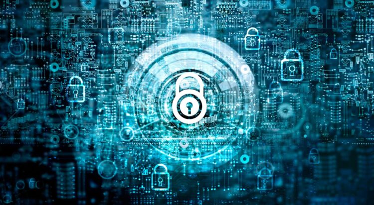 closed padlock on abstract motherboard circuit digital background
