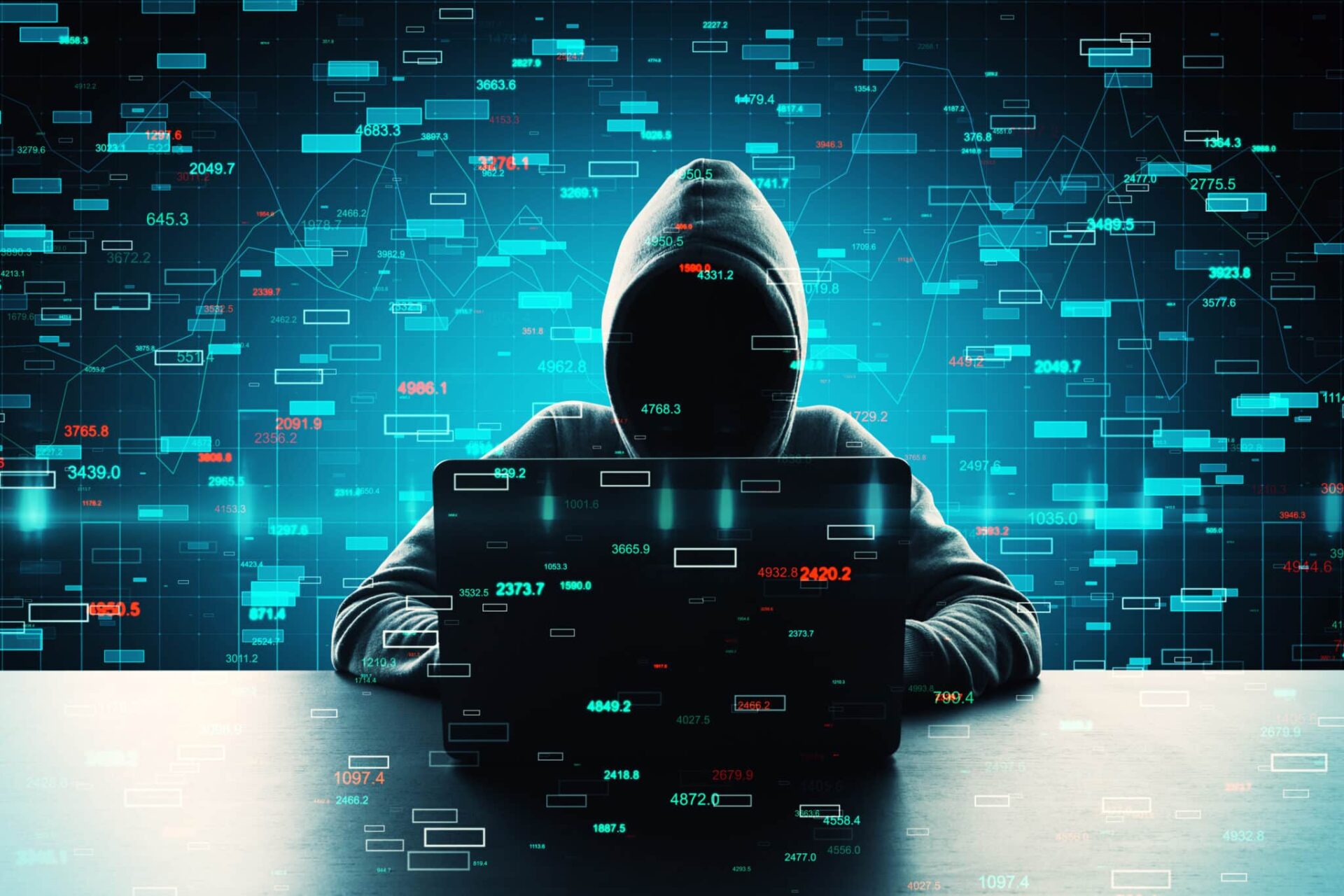 Hacker using computer with forex candlestick charts
