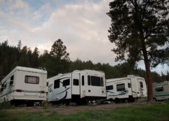 Rv campsite at sunrise in Pagosa Springs, Colorado. RV shipments down 51% YoY, values up