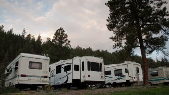 Rv campsite at sunrise in Pagosa Springs, Colorado. RV shipments down 51% YoY, values up