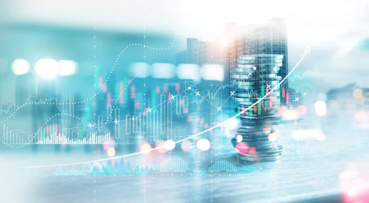 Financial investment concept, stack of coins for finance investor with trading graph growth, banking and financial and investment, digital economy and cryptocurrency on city background.