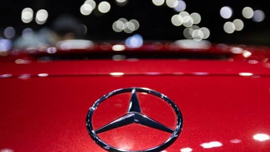 The Mercedes-Benz AMG logo on a company's SL6 63 vehicle during the Seoul Mobility Show in Goyang, South Korea, on Thursday, March 30, 2023. The motor show will continue through April 9.