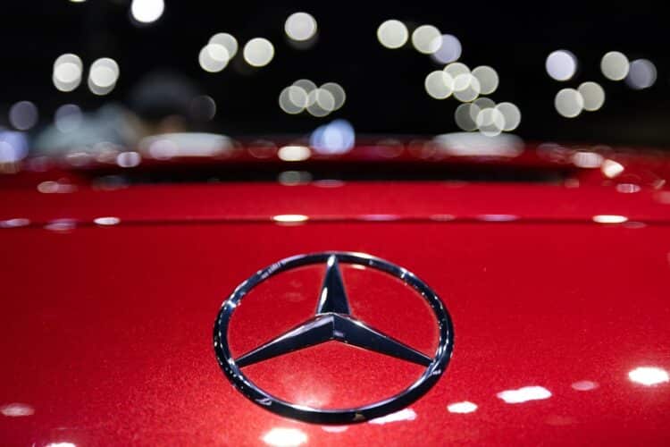 The Mercedes-Benz AMG logo on a company's SL6 63 vehicle during the Seoul Mobility Show in Goyang, South Korea, on Thursday, March 30, 2023. The motor show will continue through April 9.