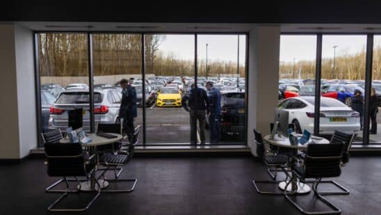 Used cars for sale at Big Motoring World's showroom near Chatham, UK, on Friday, Feb. 3, 2023.