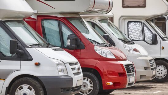 Recreational vehicles in a parking lot